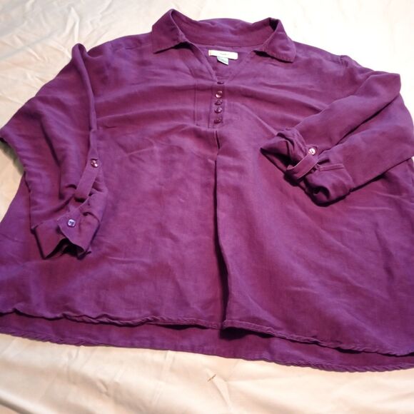 CJ Banks Linen Blend L/S Popover 2X Purple Roll tab Sleeve V-Neck - Picture 4 of 10